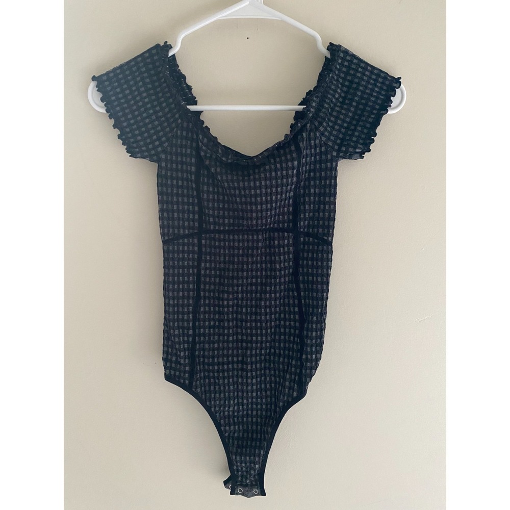 Free People Intimately Gingham Bodysuit XS Black Sheer Balletcore Top